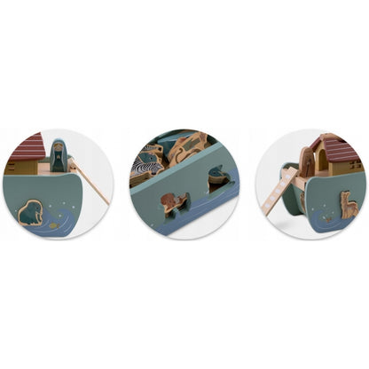 Jucarie educativa Arca lui Noe din lemn cu animalute, 17.5 x 13.5 x 20 cm, Nukido NK-862