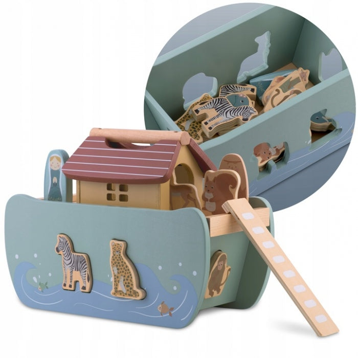 Jucarie educativa Arca lui Noe din lemn cu animalute, 17.5 x 13.5 x 20 cm, Nukido NK-862