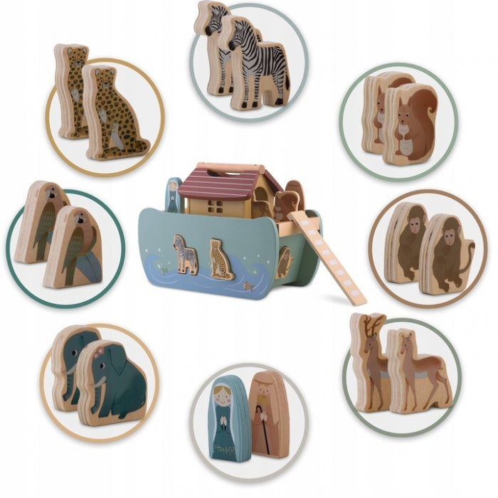 Jucarie educativa Arca lui Noe din lemn cu animalute, 17.5 x 13.5 x 20 cm, Nukido NK-862