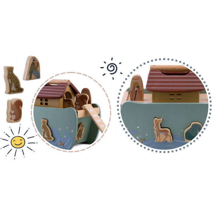 Jucarie educativa Arca lui Noe din lemn cu animalute, 17.5 x 13.5 x 20 cm, Nukido NK-862