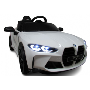 Masinuta electrica cu telecomanda BMW M4, 110x70x50 cm, varsta 1-5 ani, roti EVA, scaun din piele ECO, putere 90W - Alb