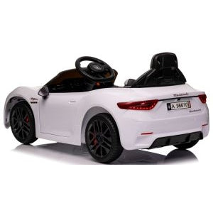 Masinuta electrica cu telecomanda MASERATI GranTurismo, 99x59.5x44 cm, varsta 1-4 ani, roti EVA, scaun din piele ECO, putere 90W - Alb