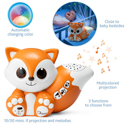 Jucarie Chicco 2 in 1 pentru carucior si lampa de veghe Vulpita Foxy, 0 luni+