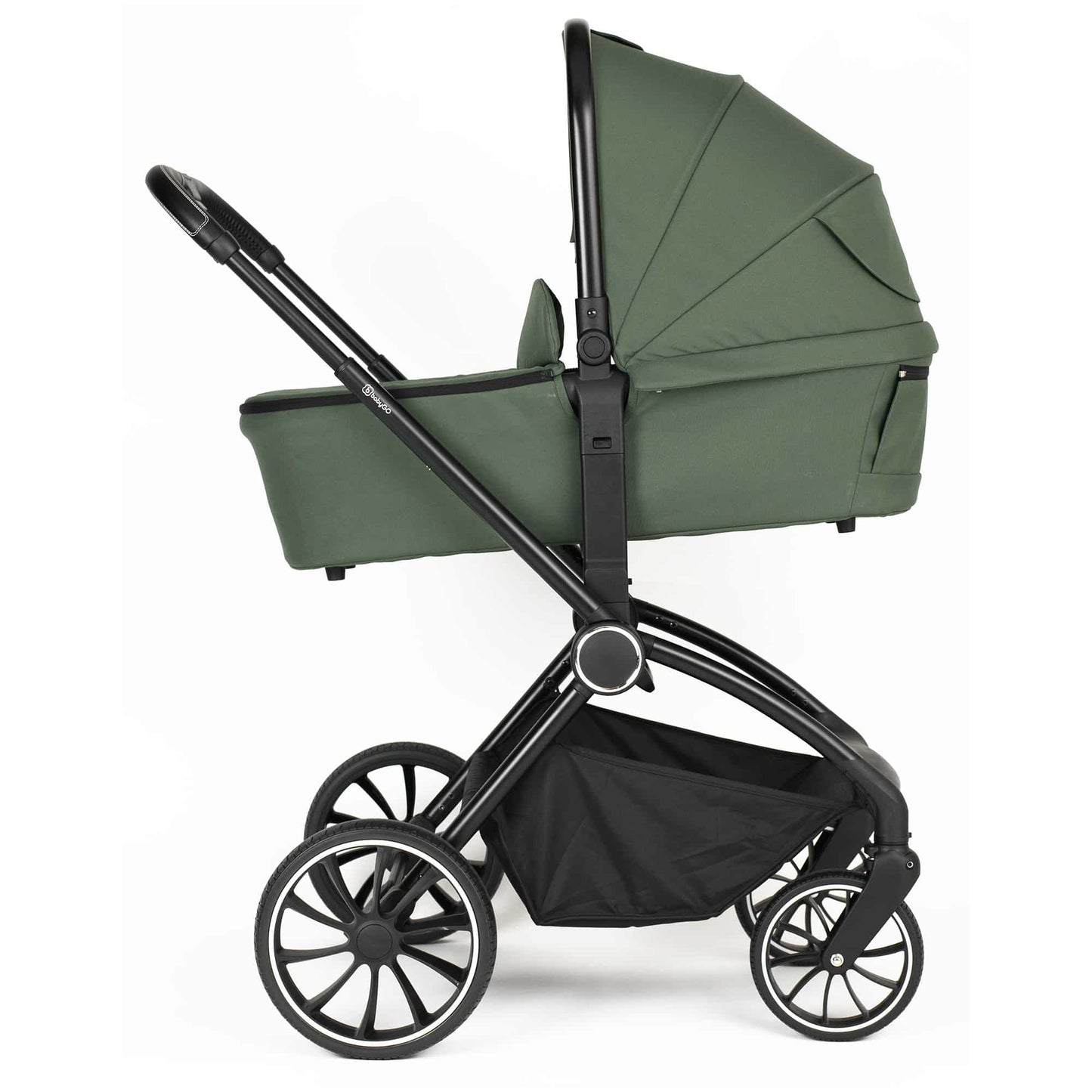 BabyGo - Carucior 3 in 1 Harmony Green cu maner reglabil pe inaltime, cadru Black