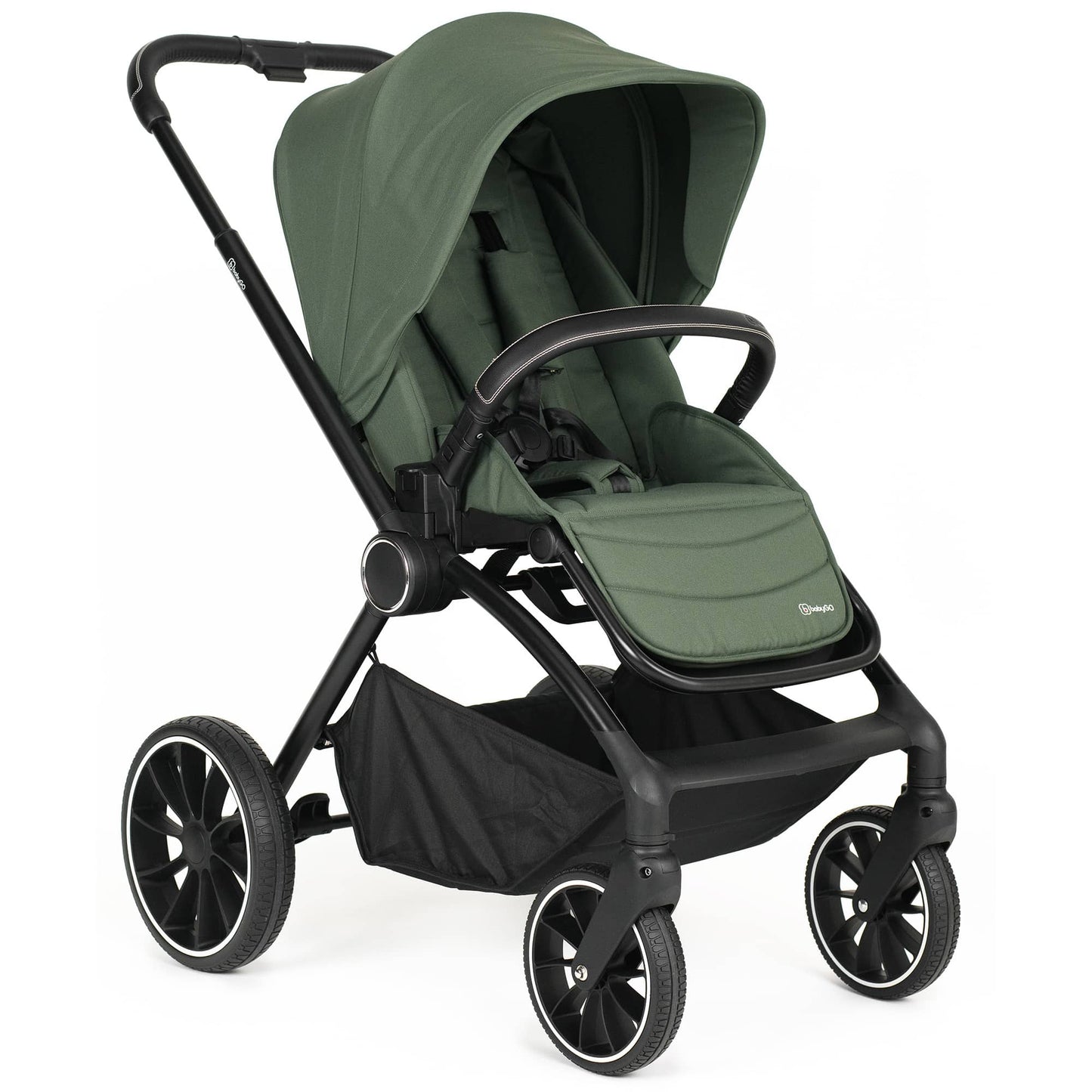 BabyGo - Carucior 3 in 1 Harmony Green cu maner reglabil pe inaltime, cadru Black