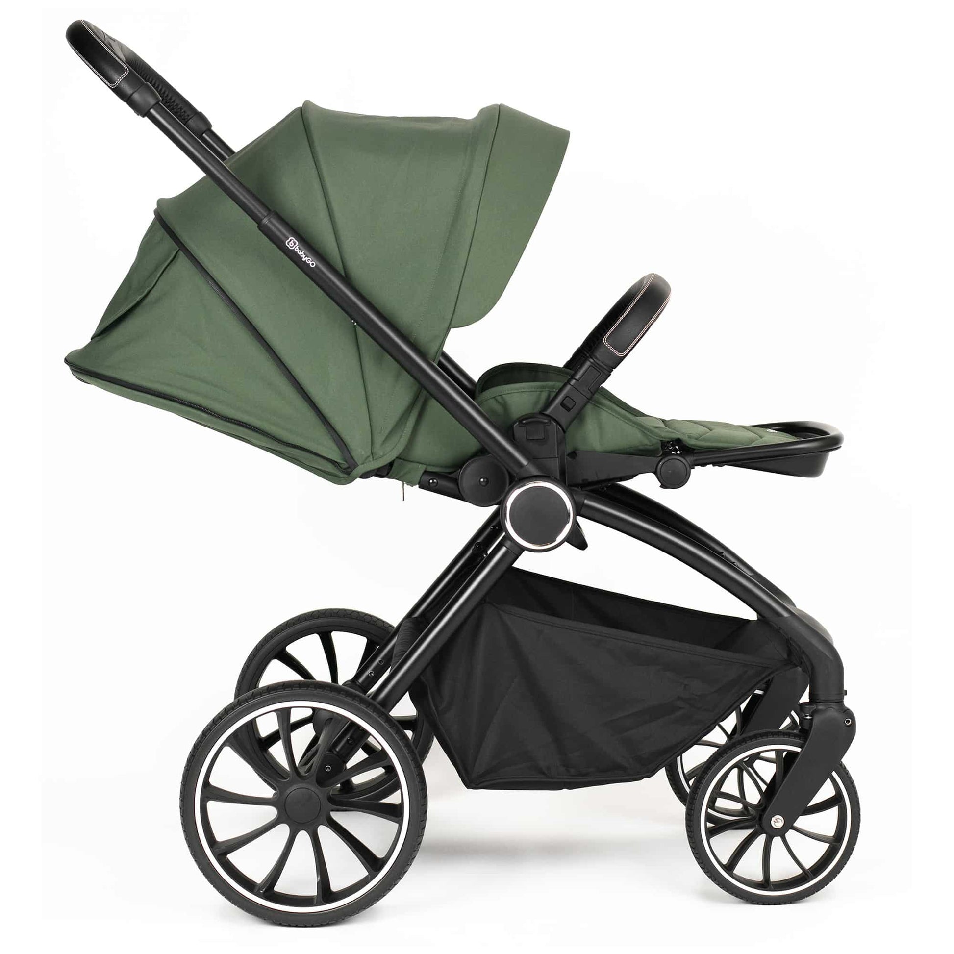 BabyGo - Carucior 3 in 1 Harmony Green cu maner reglabil pe inaltime, cadru Black