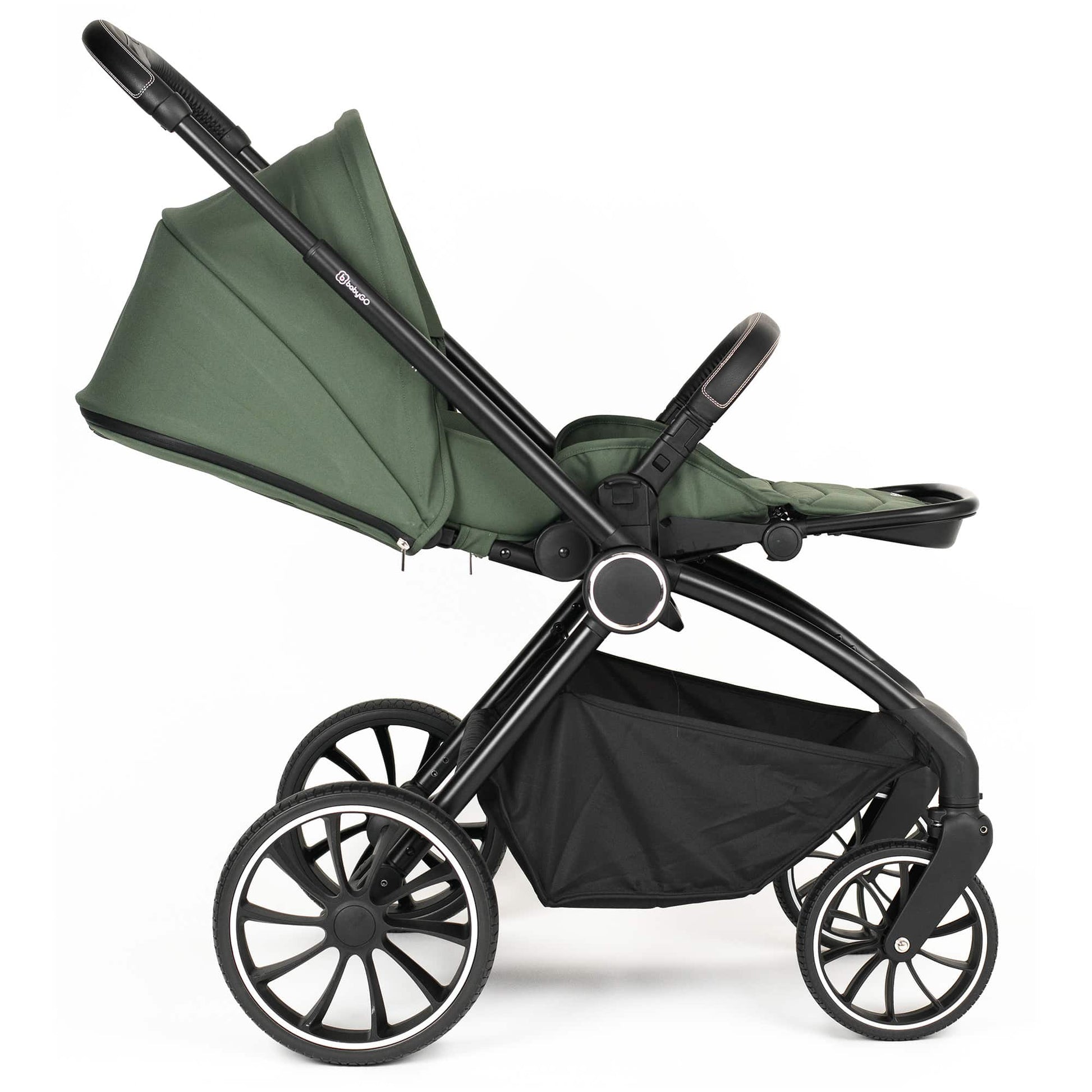 BabyGo - Carucior 3 in 1 Harmony Green cu maner reglabil pe inaltime, cadru Black