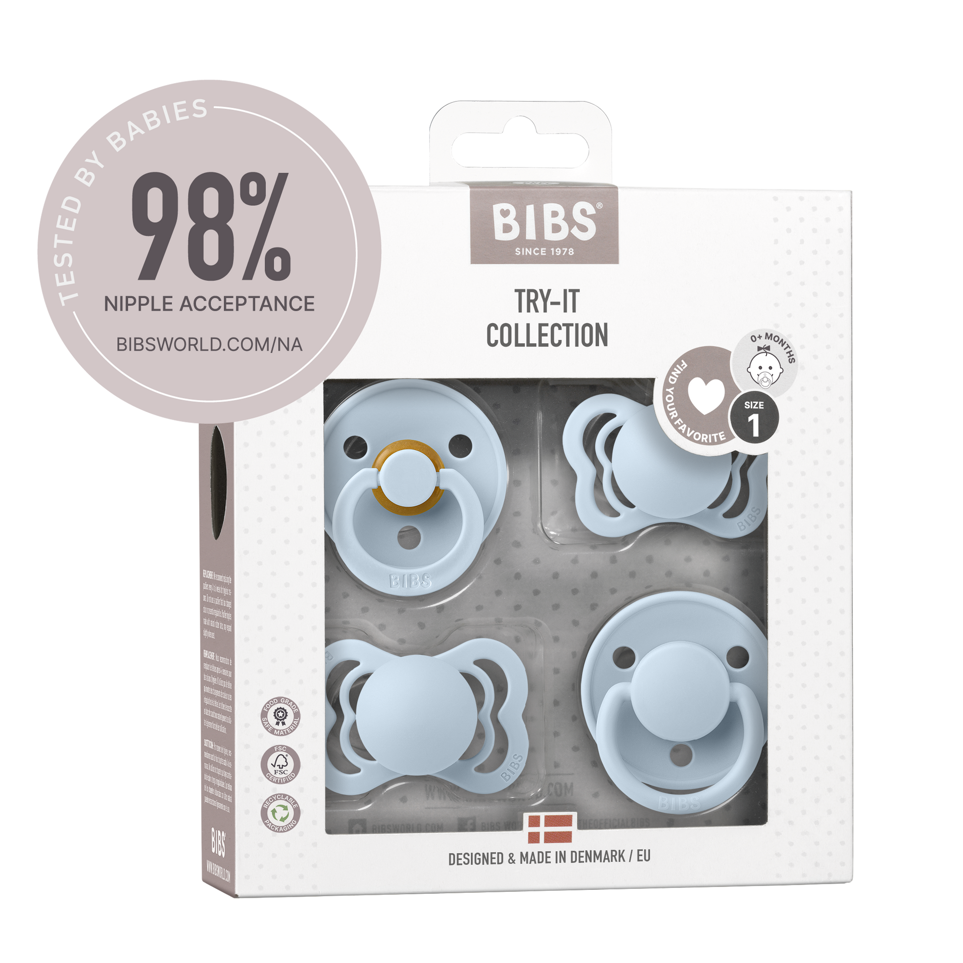BIBS - Set 4 suzete Try-it collection 0 luni +-Baby Blue