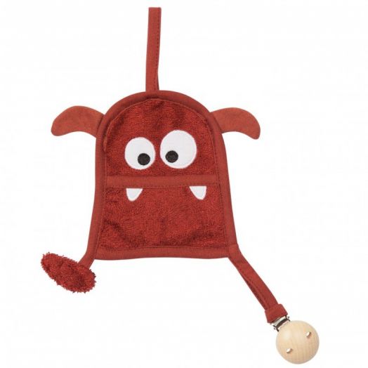 Textil din bambus pentru dentitie cu agatatoare suzeta din lemn Monstru Rosewood Timboo TM-TUTMO-532