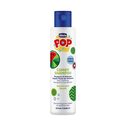 Sampon si balsam de par 2 in 1 Chicco POP cu aroma de pepene rosu, formula vegana, pentru copii si adolescenti, 250 ml