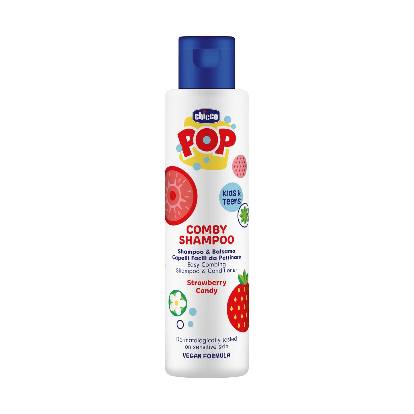 Sampon si balsam de par 2 in 1 Chicco POP cu aroma de bomboane cu capsuni, formula vegana, pentru copii si adolescenti 250 ml