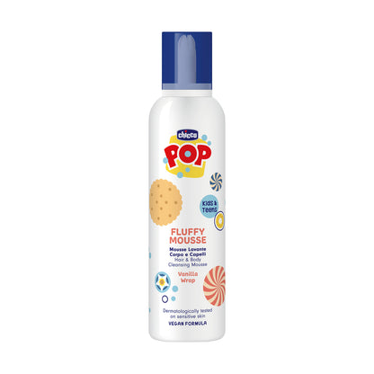 Sampon si gel de dus Chicco POP, tip spuma cu aroma de prajitura cu vanilie, formula vegana, pentru copii si adolescenti, 200 ml