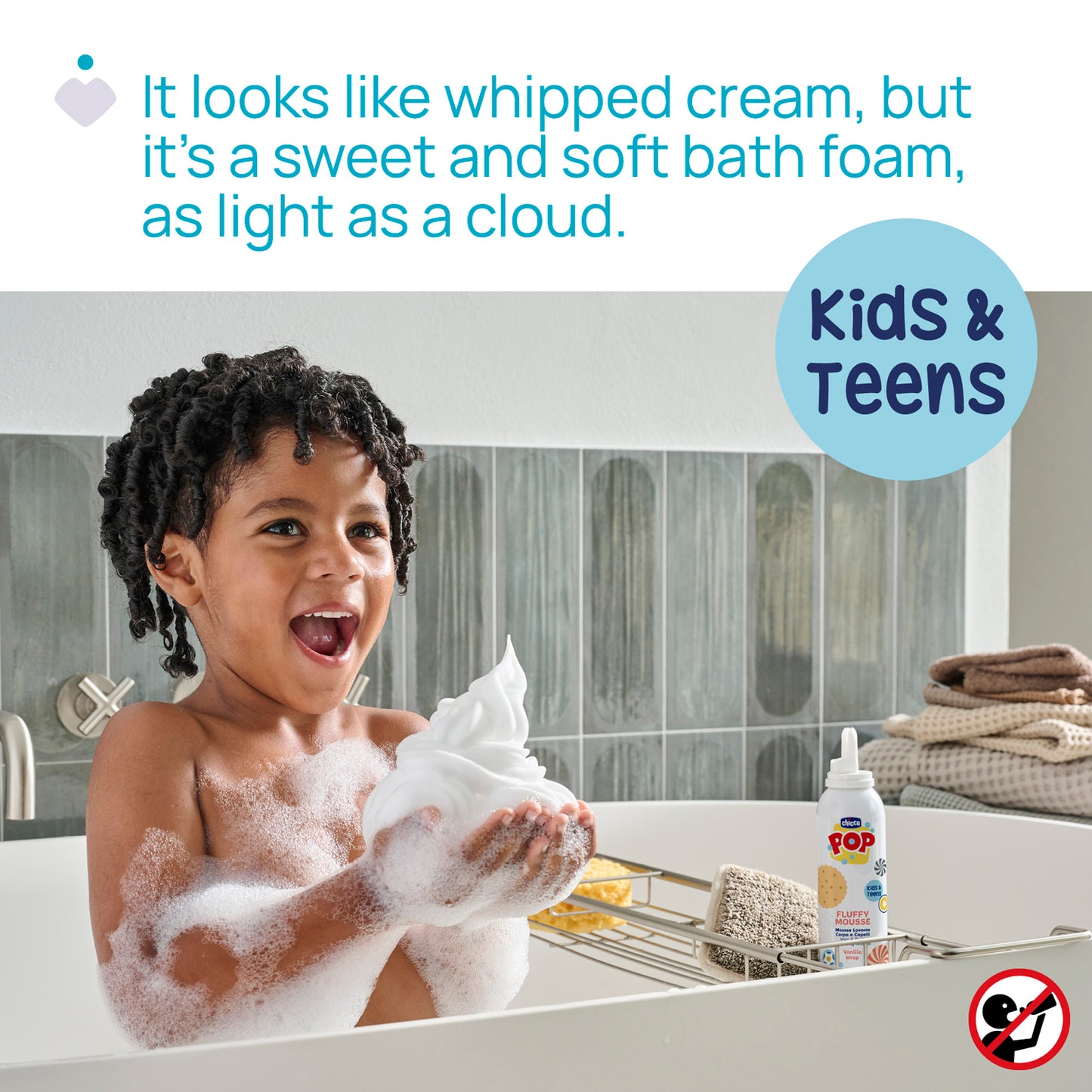 Sampon si gel de dus Chicco POP, tip spuma cu aroma de prajitura cu vanilie, formula vegana, pentru copii si adolescenti, 200 ml