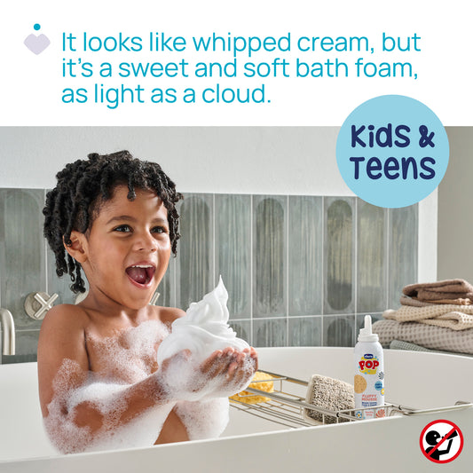 Sampon si gel de dus Chicco POP, tip spuma cu aroma de prajitura cu vanilie, formula vegana, pentru copii si adolescenti, 200 ml