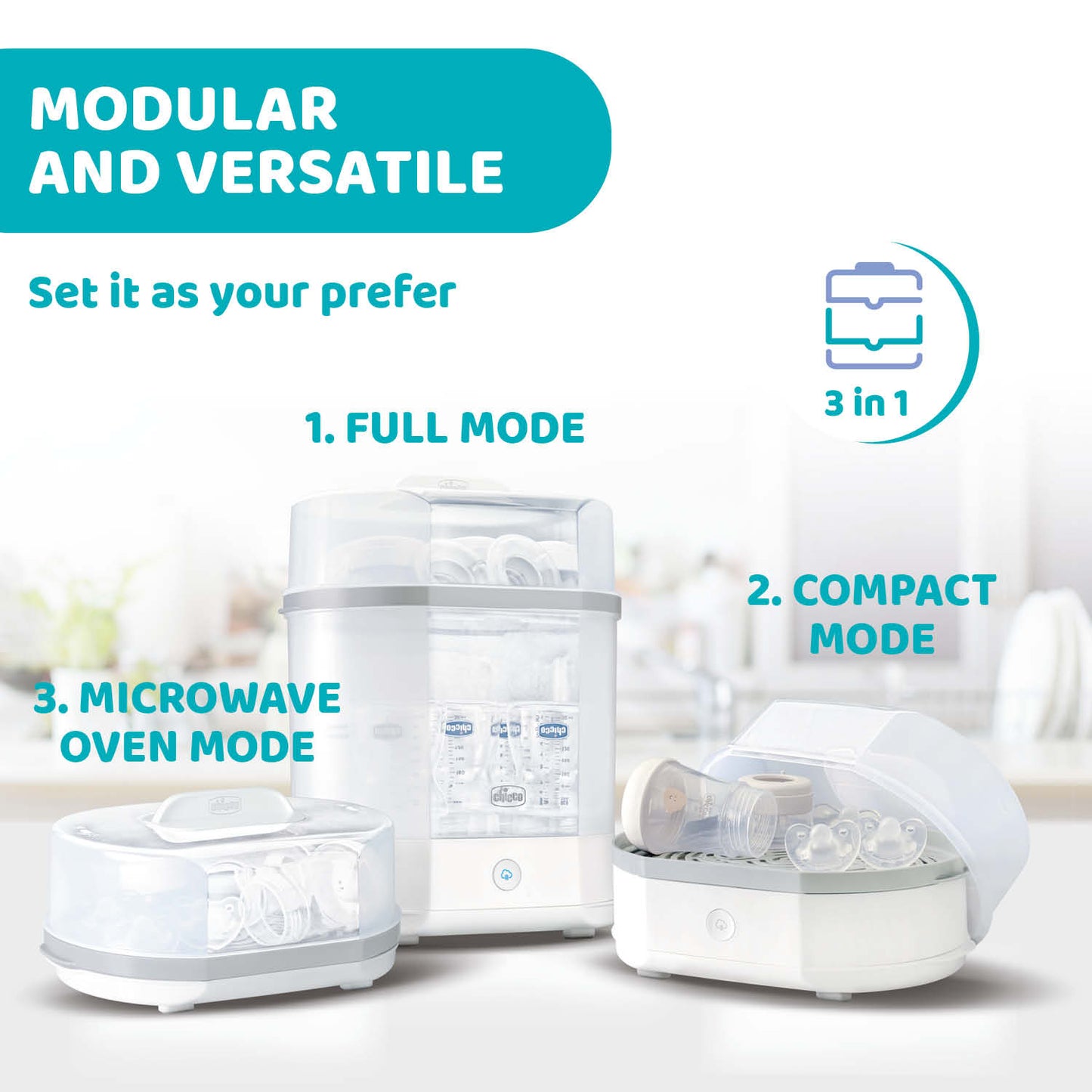 Sterilizator electric cu aburi Chicco 3 in 1 Steril Natural, 0luni+