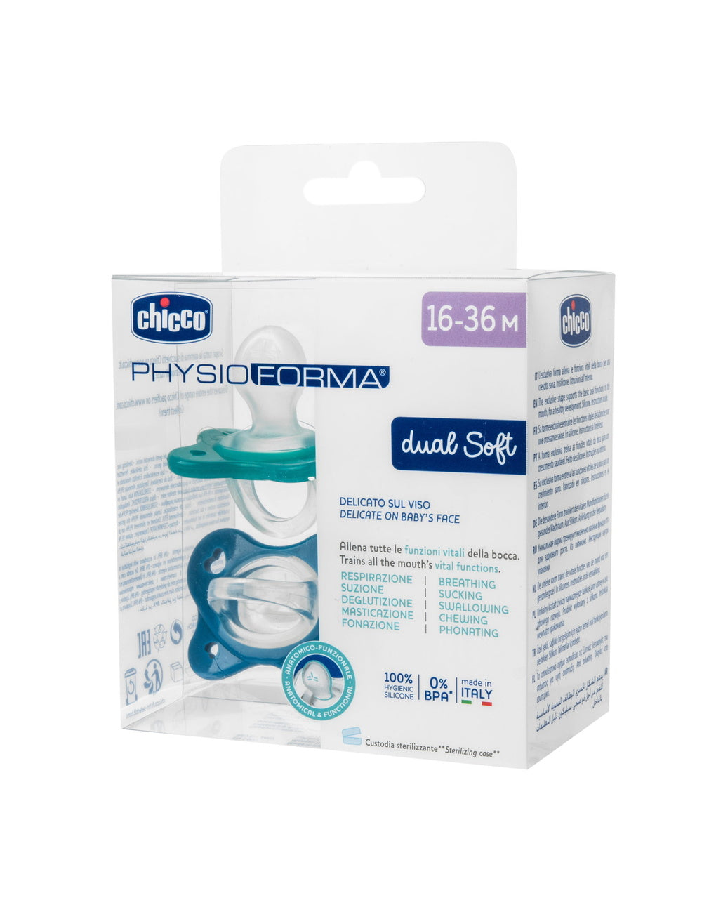 Suzeta anatomica Chicco PhysioForma DualSoft, 2buc, bleu, 16-36luni