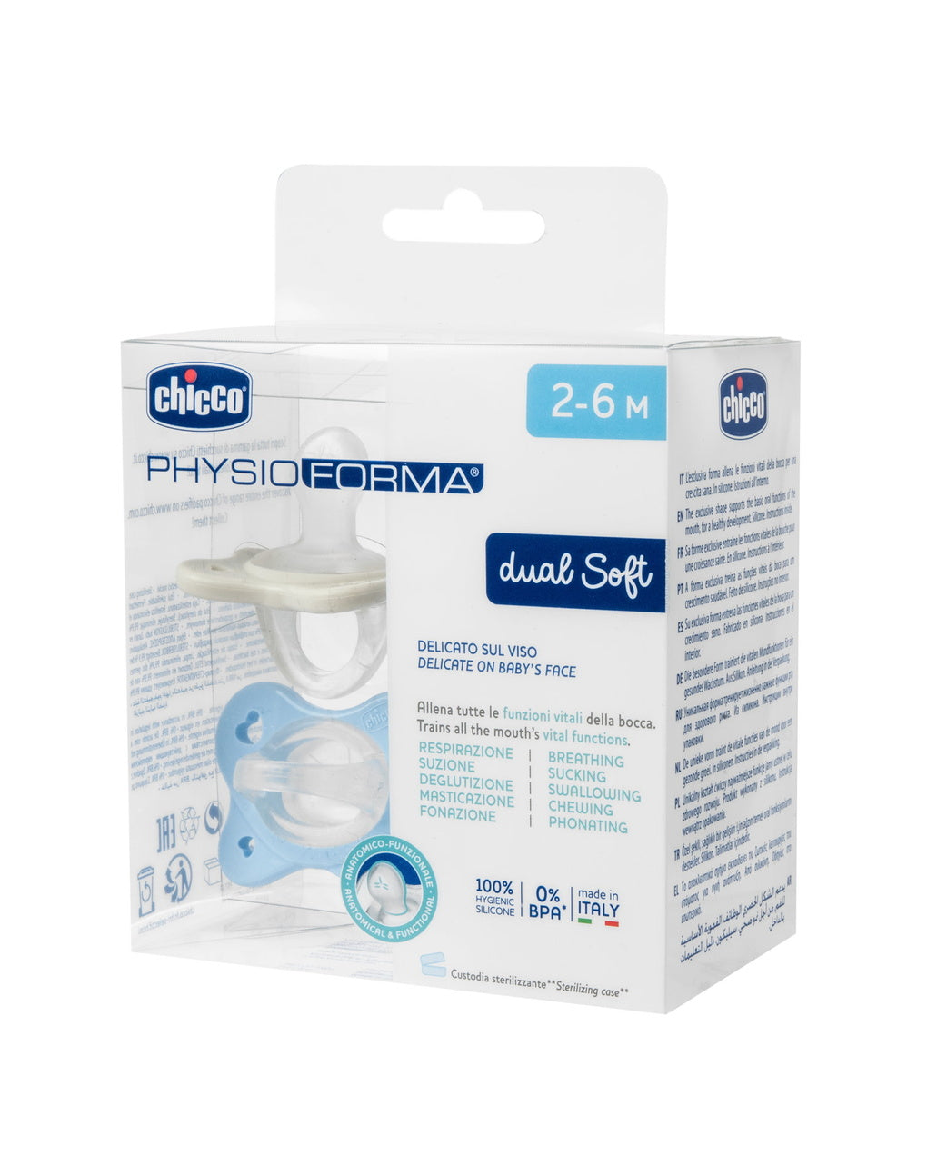 Suzeta anatomica Chicco PhysioForma DualSoft, 2buc, bleu, 2-6luni
